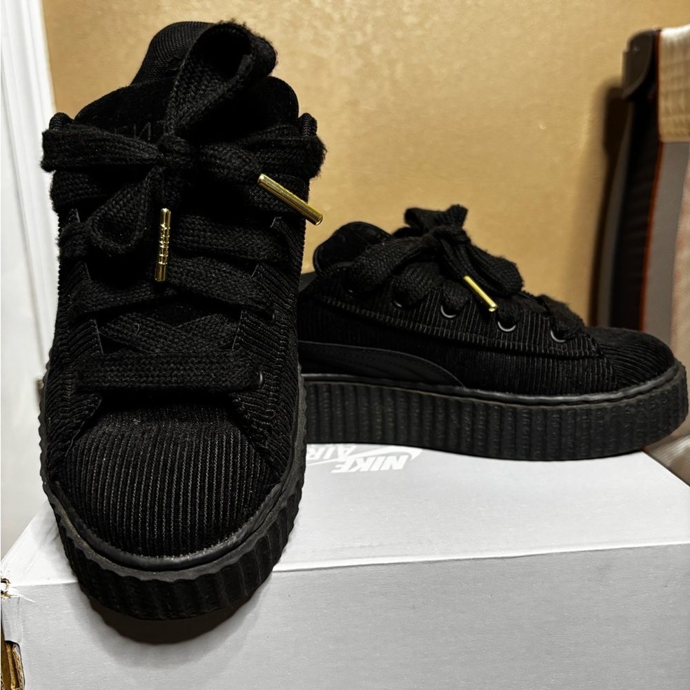 Black Corduroy Platform Sneakers with Gold Aglet Accents
